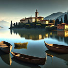 Tranquil scenery of boats on calm water near island estate at dusk or dawn