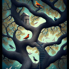 Whimsical tree illustration with colorful birds and wooden hut at twilight