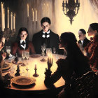 Five Individuals Gathered Around Candle-Lit Table in Mysterious Scene