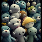 Colorful plush toys with smiling faces on strings against a dark backdrop