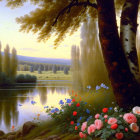 Tranquil lakeside scene with vibrant flowers, large tree, and willow trees reflecting in calm