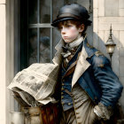 Young boy in historical attire leaning against pillar with newspaper