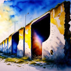 Surreal painting: Melting bridge over city skyline