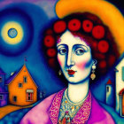 Colorful surrealist painting: Woman with red curly hair and large orange hat, whimsical houses under