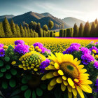 Sunflower-filled field against green hills under sunny sky