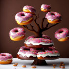 Colorful Candy Sprinkled Donut Tree Sculpture on Moody Background