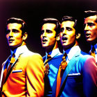 Vibrant male figures in colorful suits fade into shadow