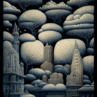 Snow-covered trees and iconic buildings in stylized blue and white cityscape.