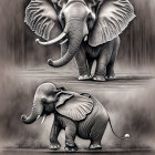 Illustrated elephants playing soccer in monochromatic style