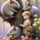 Child surrounded by gentle, oversized wombats in a flowering tree scene