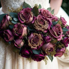 Person in White Dress Holding Bouquet of Deep Purple Roses