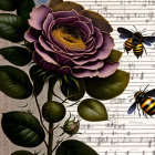Detailed Purple Rose and Bees on Musical Notation Background