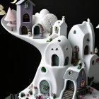 Whimsical fantasy village with white houses under crescent moon