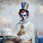 Melancholic clown with birthday cake and dog in party hat on cloudy sky backdrop