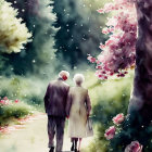 Elderly couple walking in serene blossom-lined path