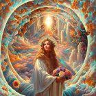 Ethereal woman in white robes with halo and flowers before heavenly archway