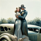 Vintage 1930s illustration of elegant couple with classic car