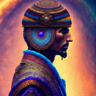 Profile of man with elaborate headwear against cosmic nebula.