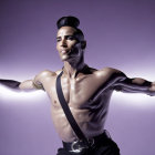 Stylized shirtless man with mustache in high-waisted pants on purple background