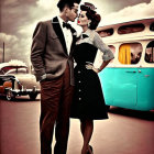 Vintage-styled couple embracing near classic cars under cloudy sky