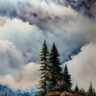 Tranquil landscape painting with evergreen trees, moss-covered rocks, misty mountains, and cloudy
