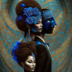 Three figures with blue flower hair and golden heart background.