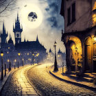 Mystical night scene: cobblestone street, castle, full moon, glowing lanterns,