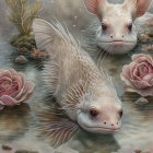 Surreal fish with humanoid faces swim in rose-filled pond