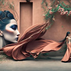 Exaggerated facial features and flowing dress in surreal portrait