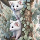 White possums with grey markings on eucalyptus tree in forest setting