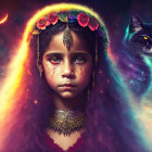 Cosmic-themed digital art of a girl with glowing hair, flowers, jewelry, and a spectral cat