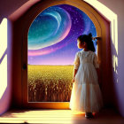 Girl in White Dress Stands at Arched Doorway Under Night Sky