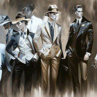 Six Men in Modern Formalwear and Hats Against Abstract Brown Background