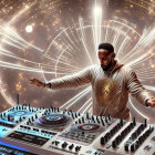 DJ mixes tracks on console with cosmic background and mystical symbol.