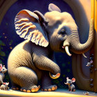 Colorful illustration: Large smiling elephant with raised trunk, surrounded by smaller elephants and mice in enchanting