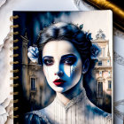 Notebook featuring artistic woman with blue streaks and paper sheets