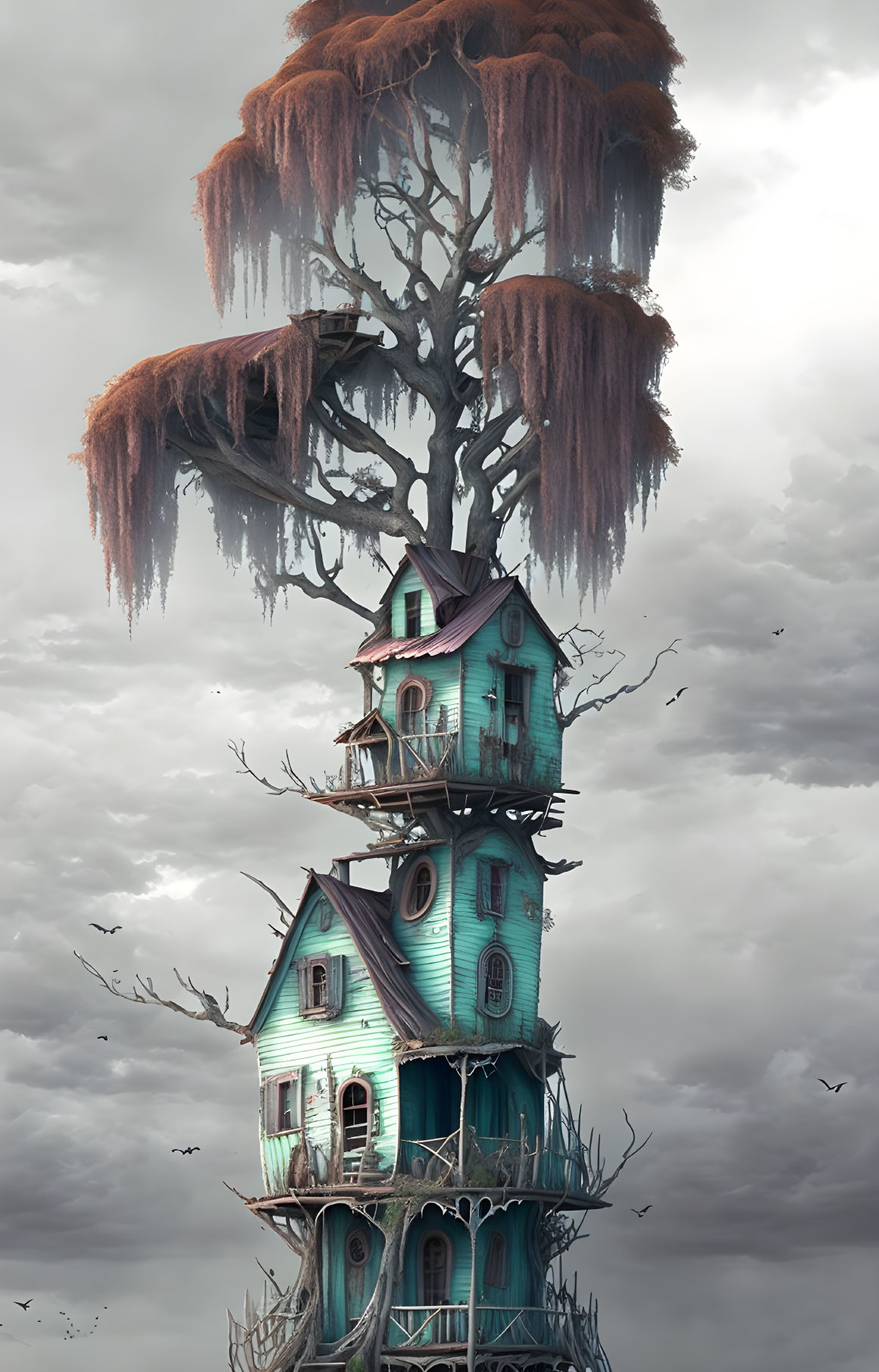 Whimsical multi-story treehouse with turquoise walls nestled in leafless tree