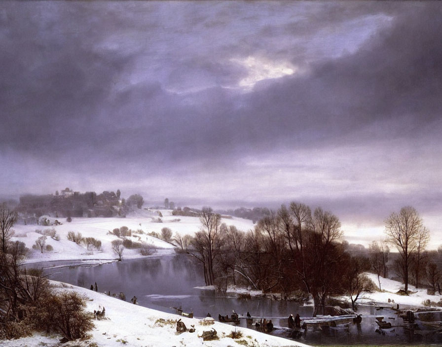 Frozen River and Snow-Covered Landscape with Ice Fishing Figures