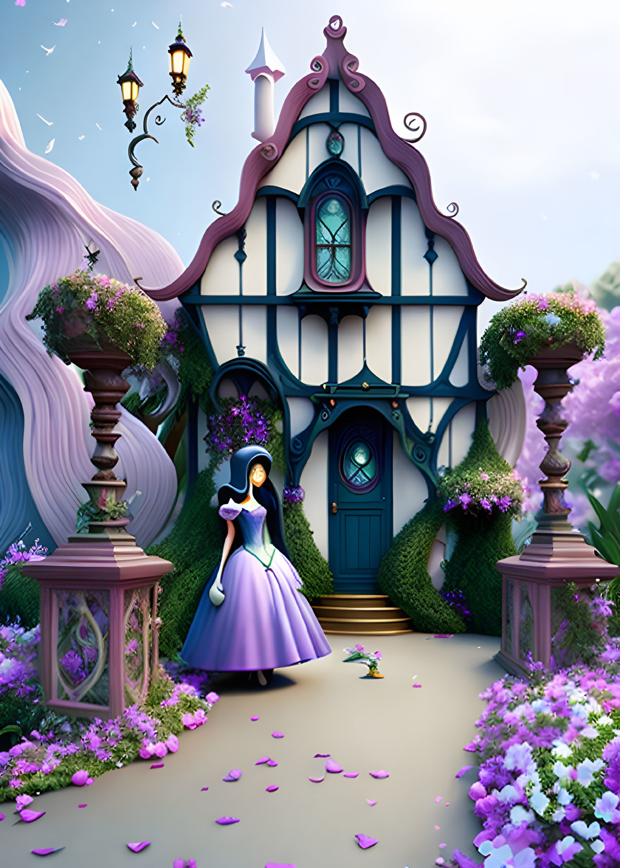 Illustration: Woman in blue and purple dress at fairytale cottage with purple flowers.