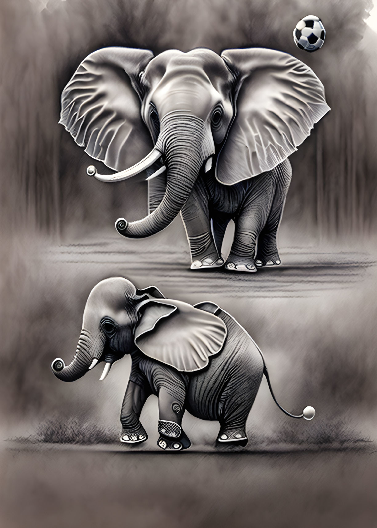 Illustrated elephants playing soccer in monochromatic style