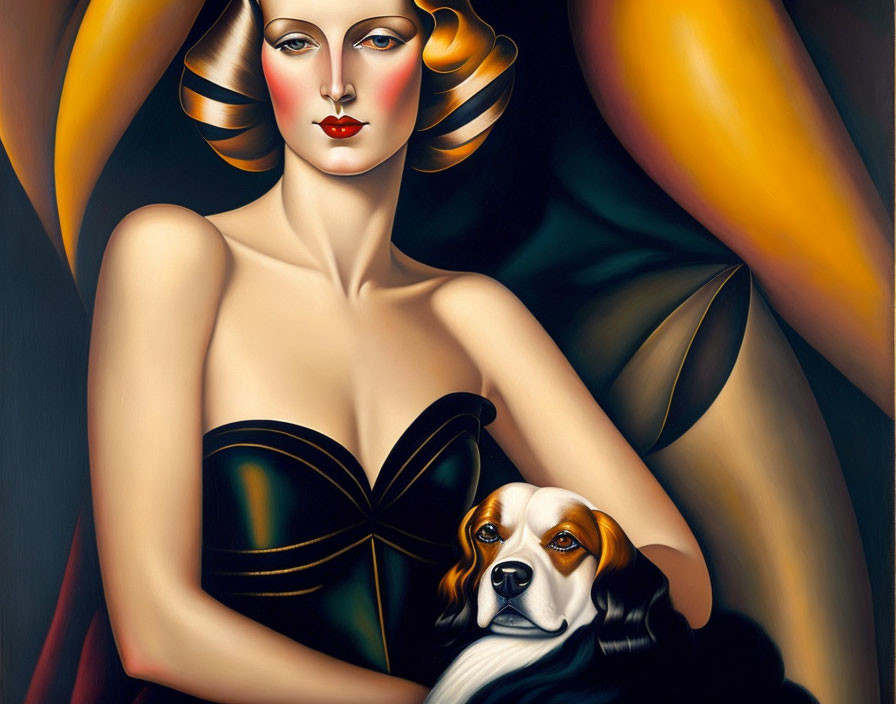 Blonde woman with red lipstick holding King Charles spaniel in autumn setting