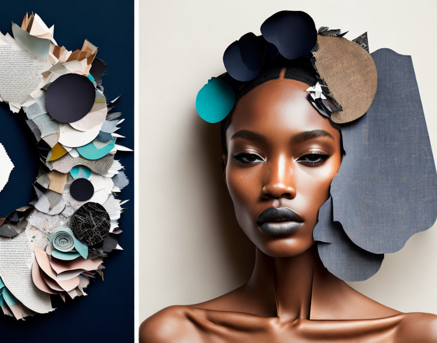 Elegant woman's portrait with bold makeup and avant-garde headpiece contrasted in artistic collage