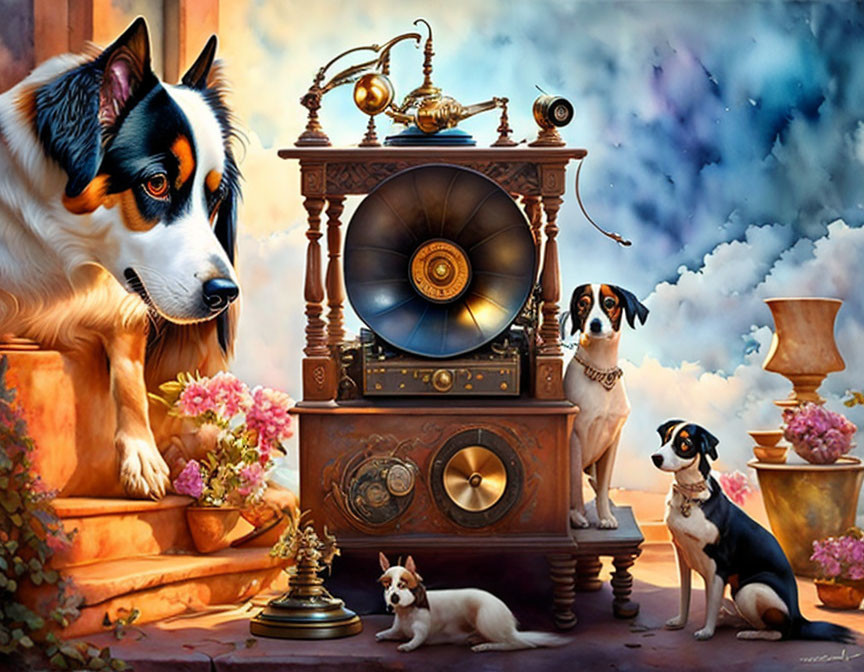 Vibrant painting: three dogs by antique gramophone with sky and flowers.