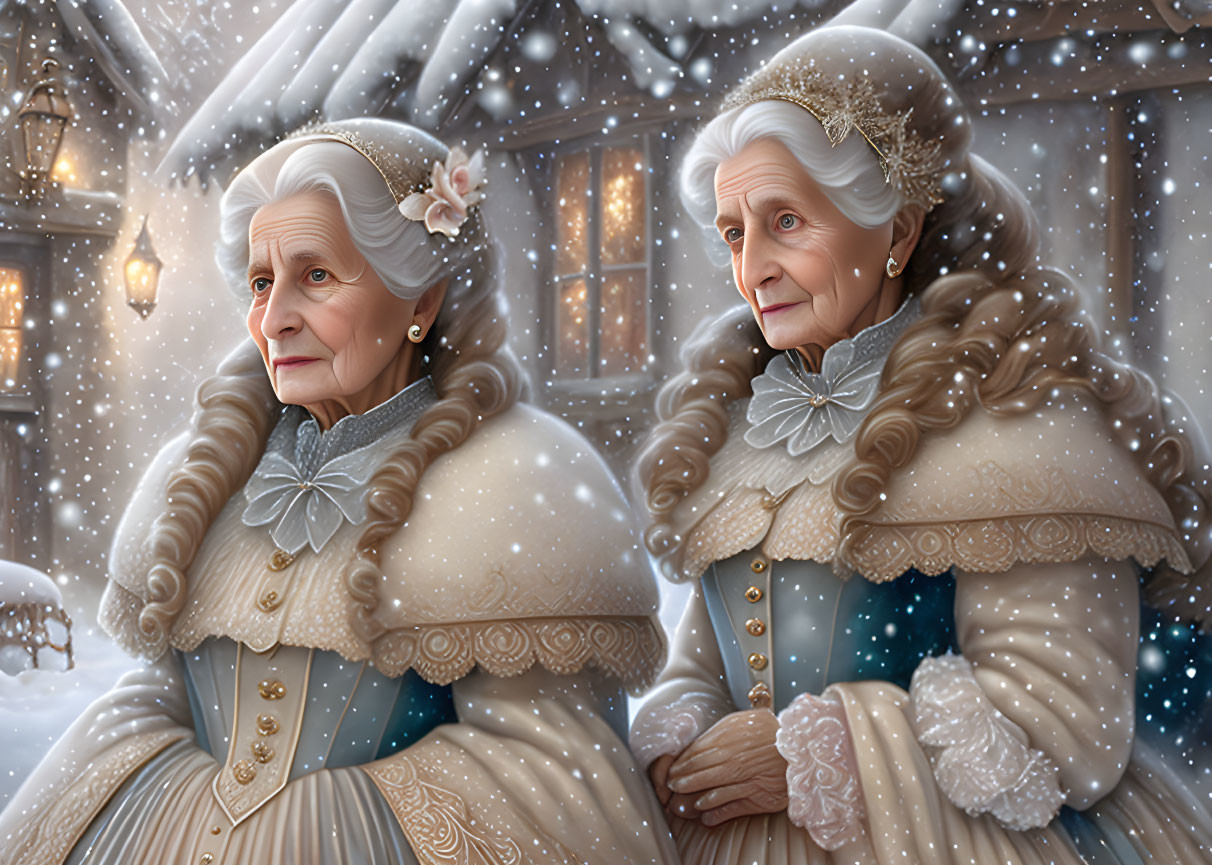 Vintage aristocratic attire: Two elderly women with ornate hairstyles in a snowy scene