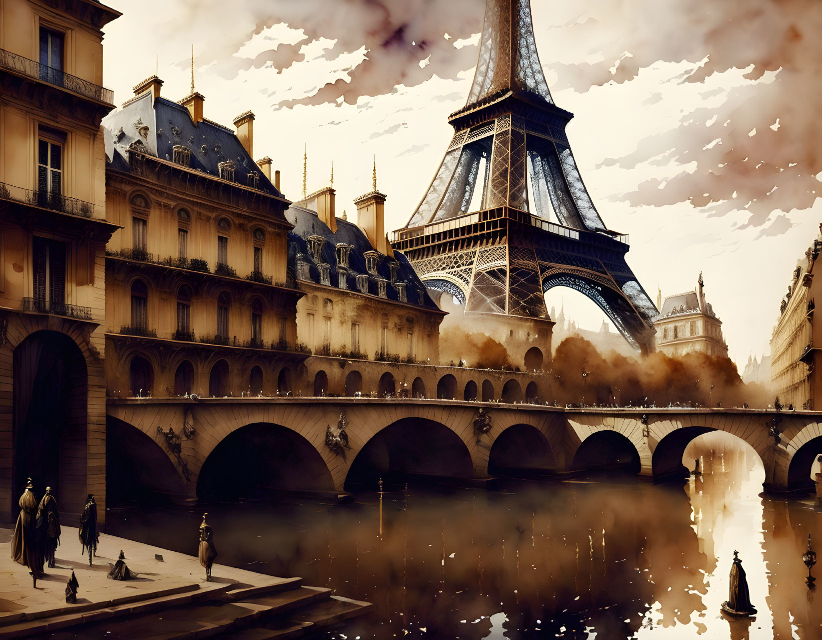 Sepia-toned Parisian landscape with Eiffel Tower and Seine bridge.