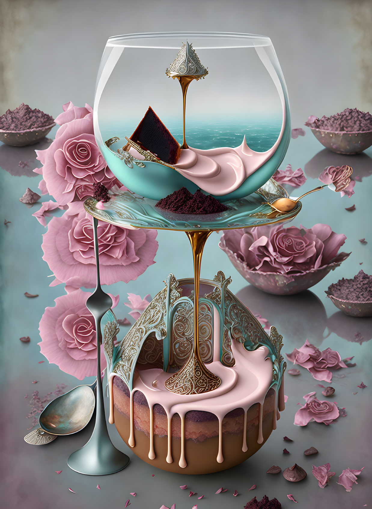 Surreal cake with melting top under wine glass, floating cake on spoon, pink blossoms