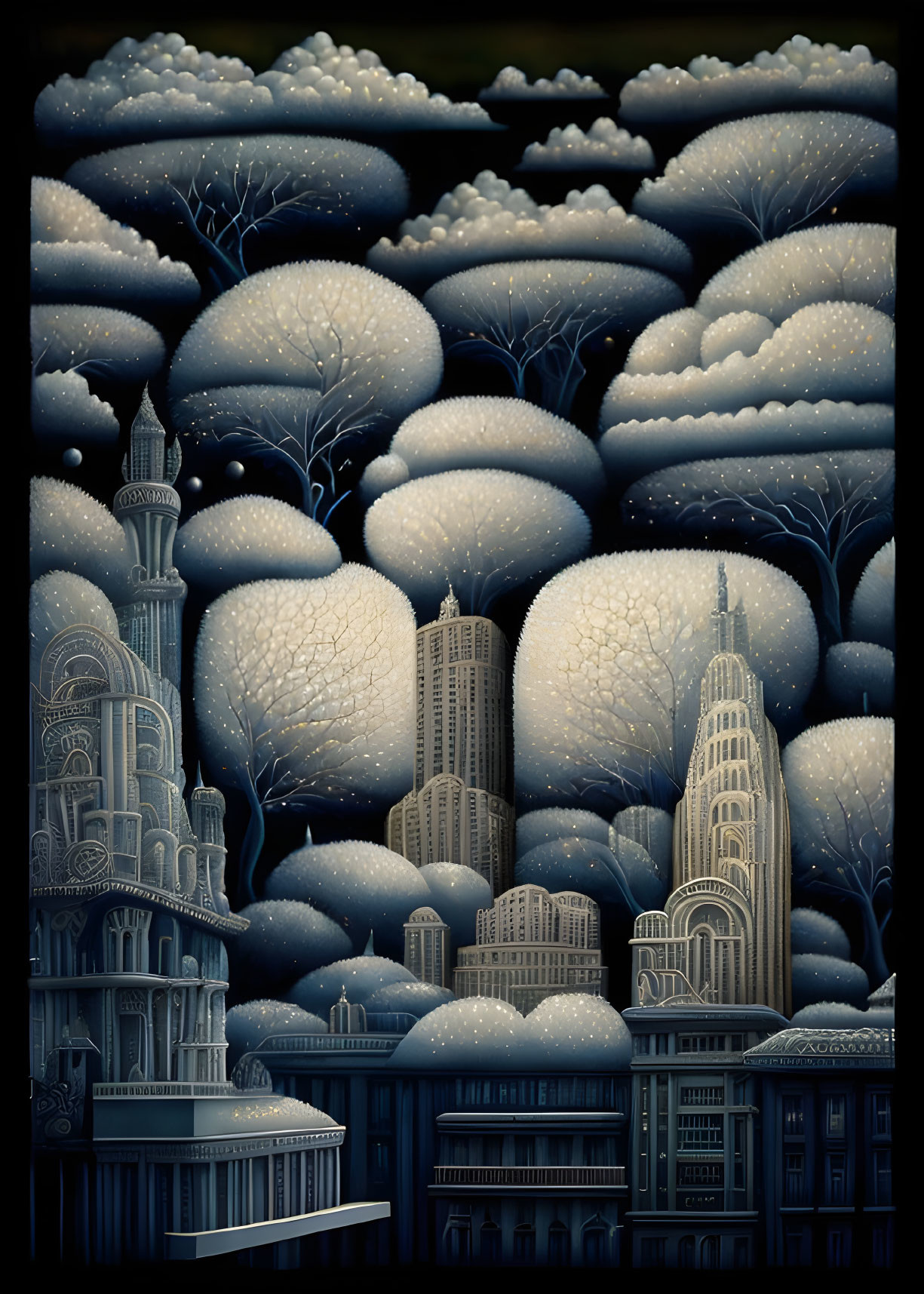 Snow-covered trees and iconic buildings in stylized blue and white cityscape.