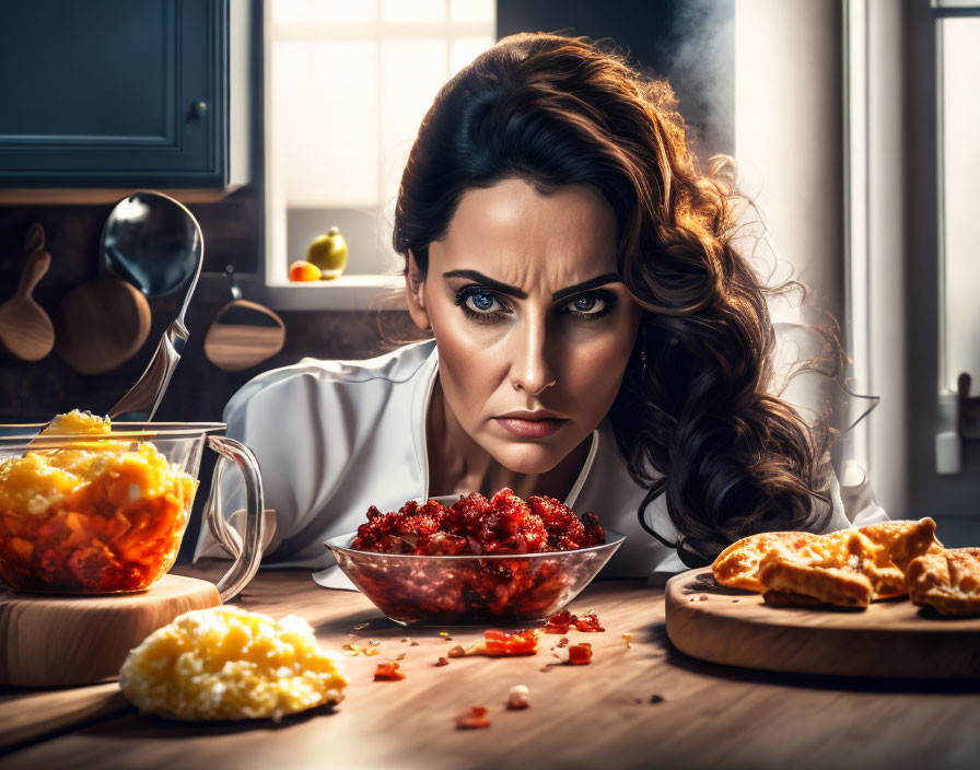 Woman examining bowls of food in a kitchen setting with steam and sunlight.