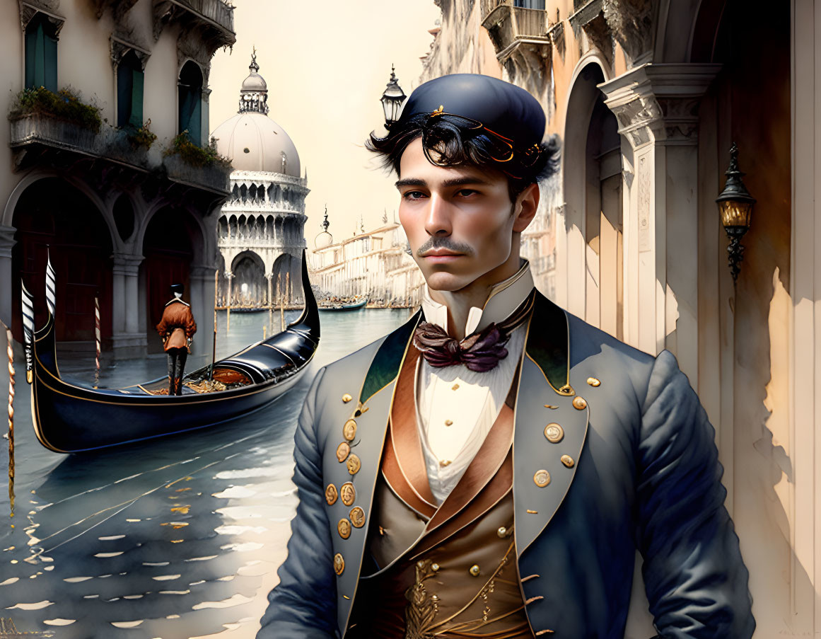 Digital painting of dapper gentleman in 19th-century attire by Venetian canal