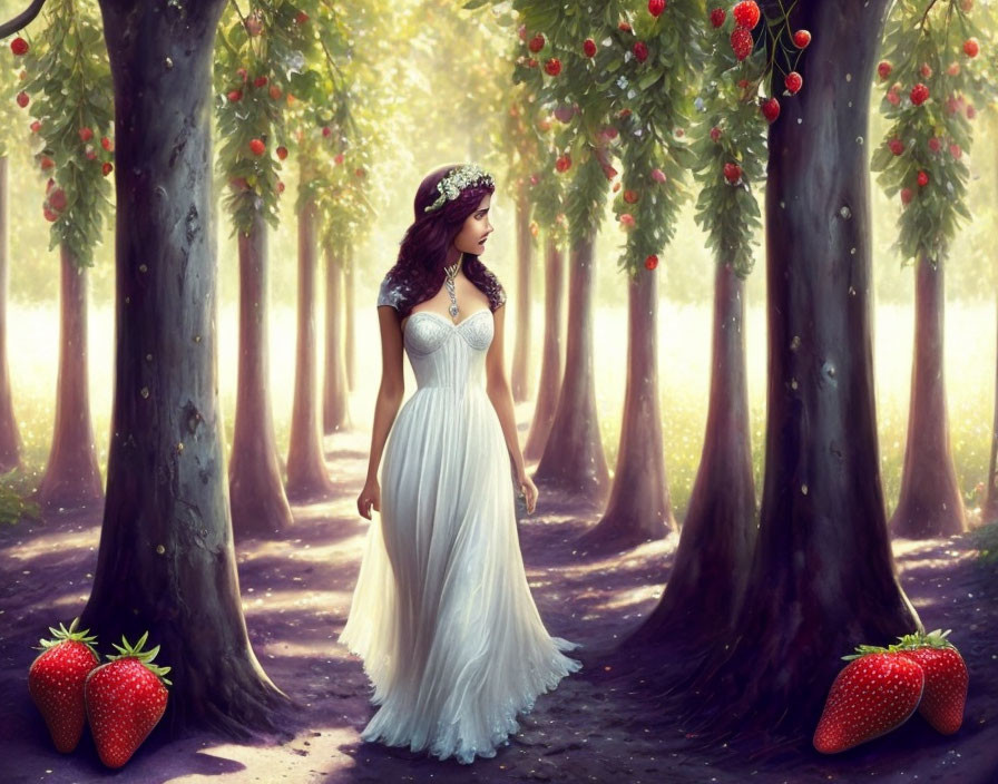 Woman in white gown with floral crown in whimsical forest with oversized strawberries